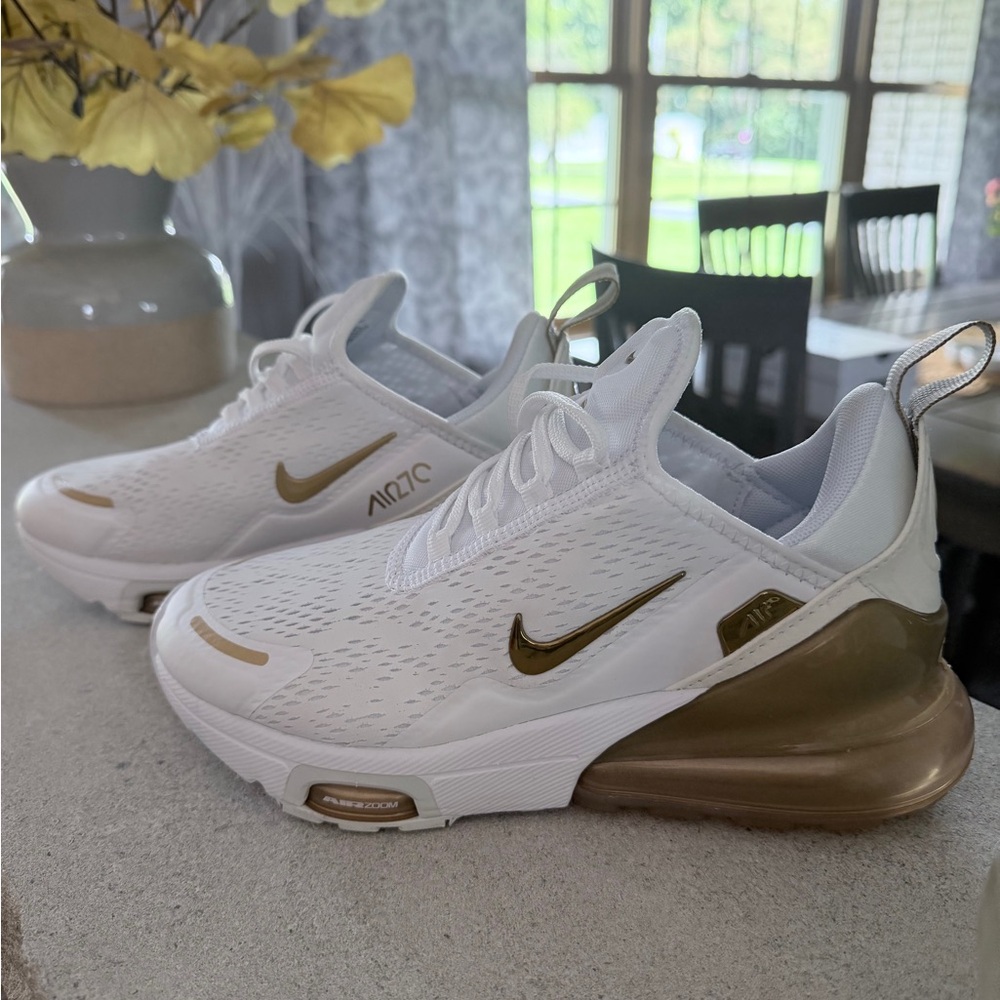 Nike Women’s Air Max 270 — White with Metallic Gold Details - Picture 4 of 6